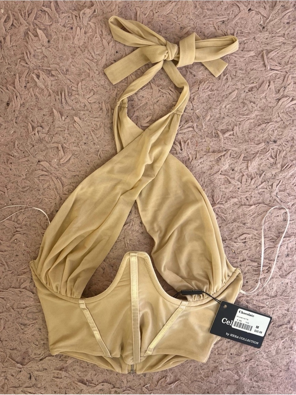 Cello Halter Tie-Back Crop Top in Beige